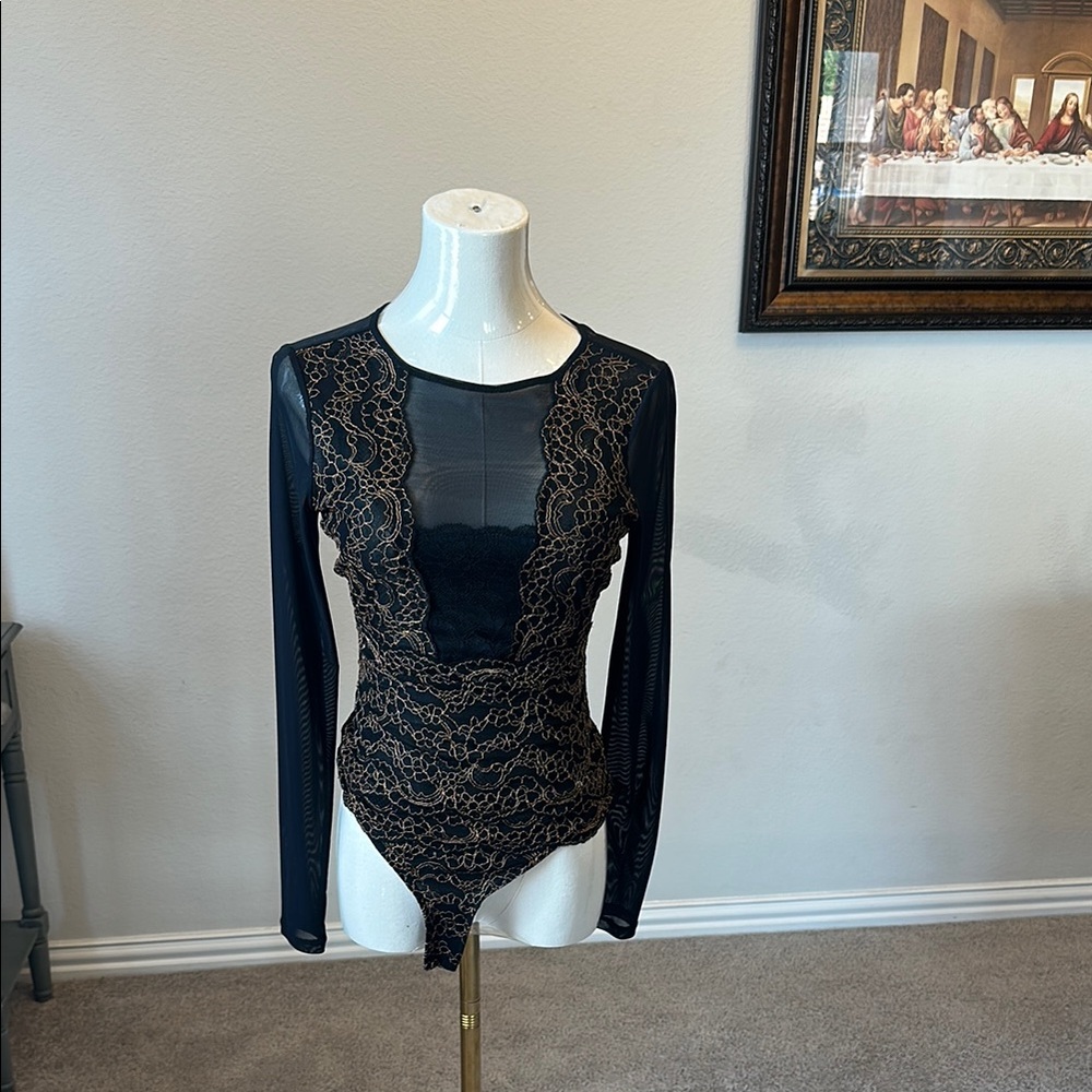 Guess (XS) Elegant Black Lace Bodysuit with gold.